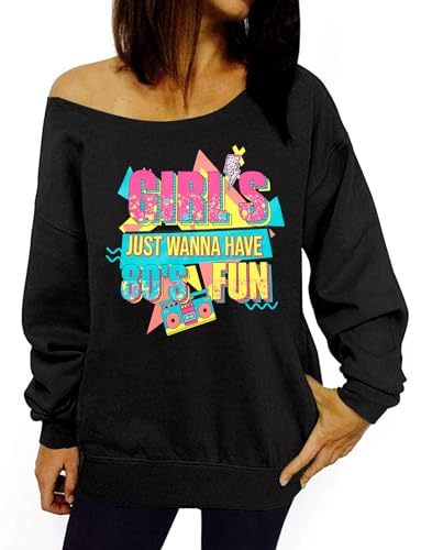 QLIPIN 80s 90s Outfits for Women 80's Theme Party Long Sleeve Shirt 90s Off the Shoulder Sweatshirt Retro Neon Disco Pullover
