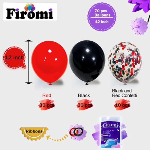 Firomi Red Black Latex Balloons 12 Inch 70 pack Set Black and Red Confetti Balloons for Birthday Wedding Party (with 2 Rib...