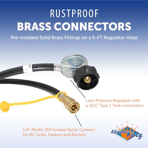 Flame King 90 Degree Low-Pressure Propane Gas Regulator Hose with Quick Connect for RVs, Grills, Heaters, Burners, 6 Feet...