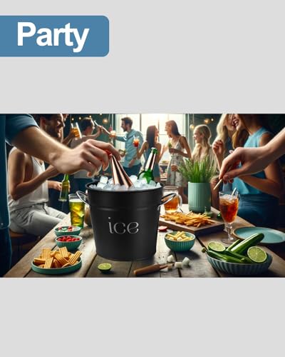 3Qt Black Galvanized Ice Bucket with Lid, Scoop & Handles - Ideal for Cocktails, Parties, BBQs, Wine & Champagne. Double-L...