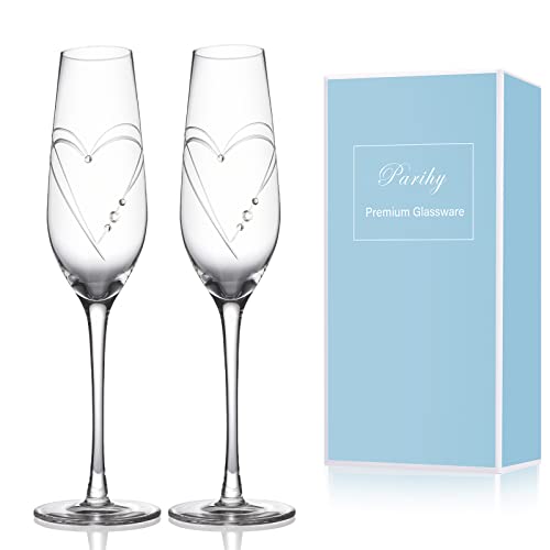 Parihy Champagne Flutes, Bride and Groom Wedding Toasting Champagne Glasses Set of 2 with Engraved Love Heart Design Embel...