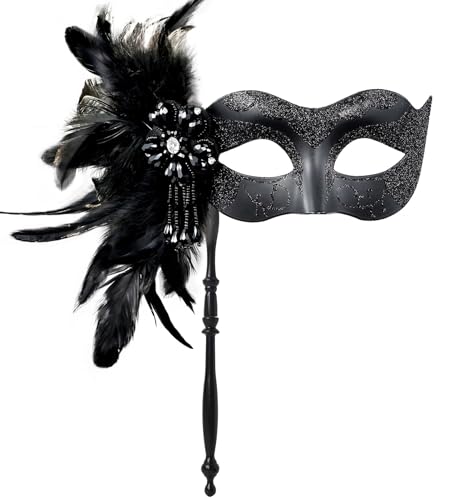 MYSEUNI 2025 New Masquerade Mask for Women with Stick - Shiny Women's Feather Mardi Gras Venetian Mask for Costume Accessory