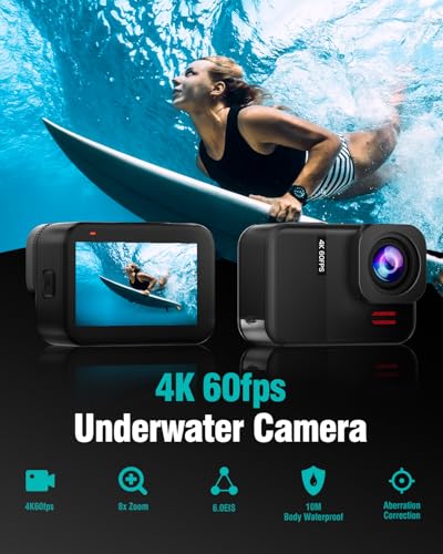 TIMNUT 4K60fps Waterproof Action Camera- Bare Metal Underwater 10M with 64G SD Card, HD 48MP Touchscreen Sports 6-Axis Sta...
