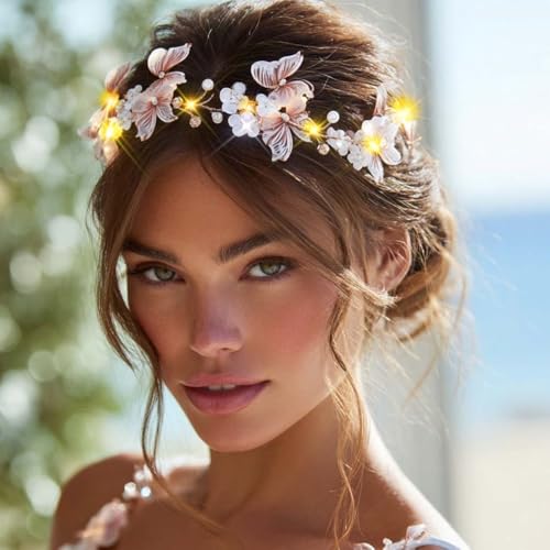 Unicra Butterfly Light up Headband Flower Bridal Wedding Hair Vine Silver Bride Hair Piece Pearl Hair Accessories for Wome...