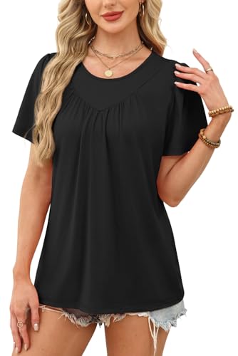 WIHOLL Womens Summer Tops Trendy Short Sleeve T Shirts Pleated Crewneck Tees Blouses Dressy Casual Outfits Fashion Clothing