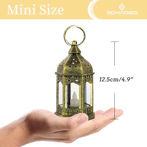 Romadedi Mini Lanterns Decorative for Centerpiece: 10pcs Hanging Small Gold Lantern Bulk with Flickering LED Candles for W...