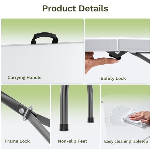 8 FT Heavy Duty Portable Table, Folding Table with Carrying Handle, Heavy Duty Portable Table for Events, Picnic Indoor, O...