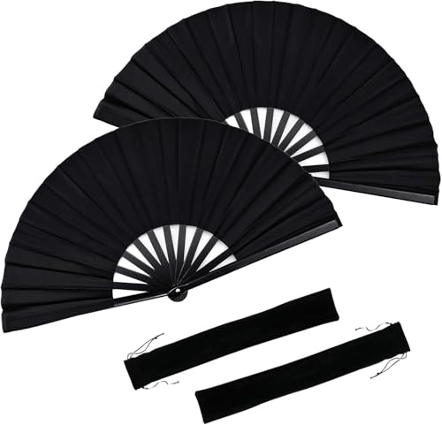 2 Pcs Large Folding Hand Fans - Chinese Tai Chi & Kung Fu Fan with Nylon Cloth, Holder Sleeve - Portable Handheld Fan for ...