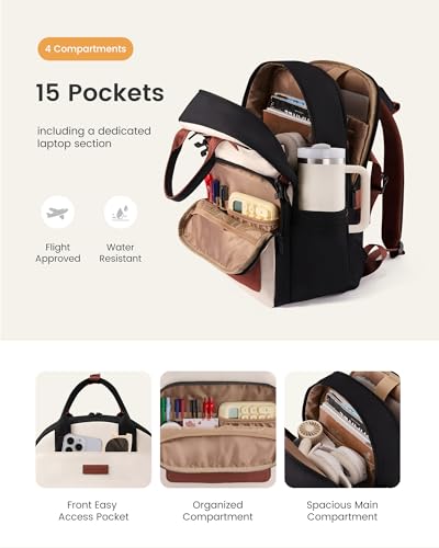 LOVEVOOK Laptop Backpack for Women - Stylish Work Backpack with Large Cup Holder, Waterproof College Teacher Backpack, Bei...