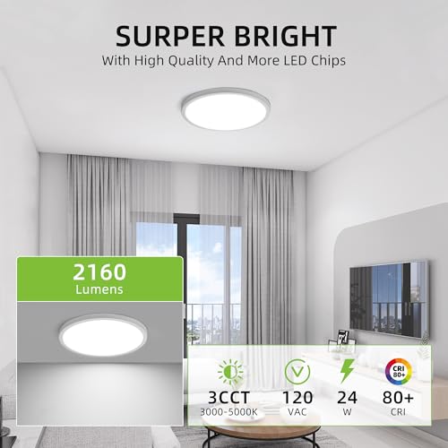 hykolity 12 Inch Selectable CCT LED Round Flat Panel Light, 24W 3000K/4000K/5000K, Edge-Lit Flush Mount Ceiling Light Fixt...