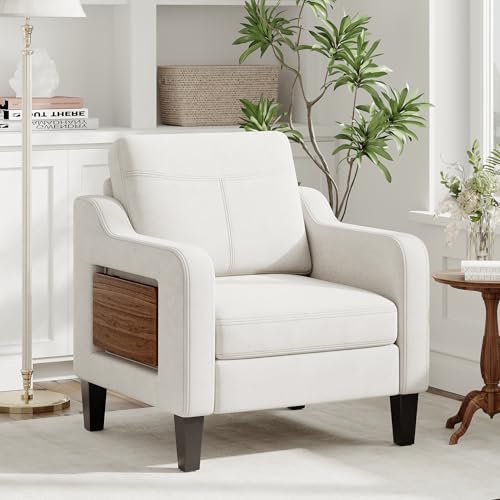 Accent Chair for Living Room Modern Linen Upholstered Armchair Side Wooden Fabric Sofa Chair with Foldable Table 2 Side Po...