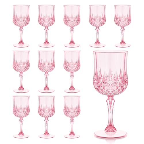 Dualshine 12 Pcs Pink Wine Glasses, Plastic Disposable Goblets Champagne Cups Drinking Glasses for Parties, Daily Home Us...