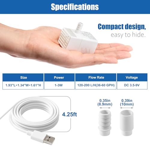 Novique 200L/H Submersible Water Pump Ultra Silent USB Small Fountain Pump with 2 Nozzles for Aquarium Fish Tank Fountain ...