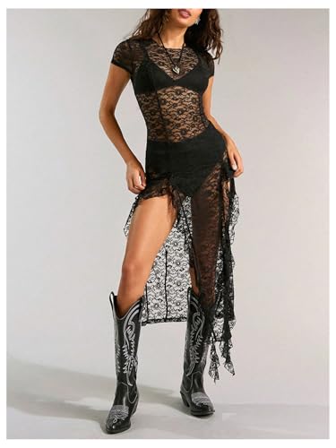 GORGLITTER Women's Sheer Lace Maxi Dress Y2K Goth Festival Outfit Concert Birthday Cocktail Going Out Slimming Dresses