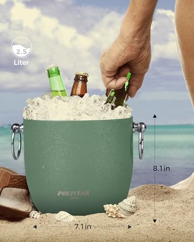 POLIVIAR Ice Bucket, 2.5L Double Wall Ice Bucket with Lid, Stainless Steel Ice Bucket with Tong & Strainer, Ice Bucket for...
