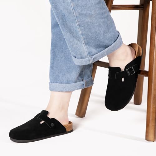 Brelzo Calvior Women's Suede Clogs Men's Slip-On Mules Non-Slip Potato Shoes Arch Support Sandals with Adjustable Buckle f...