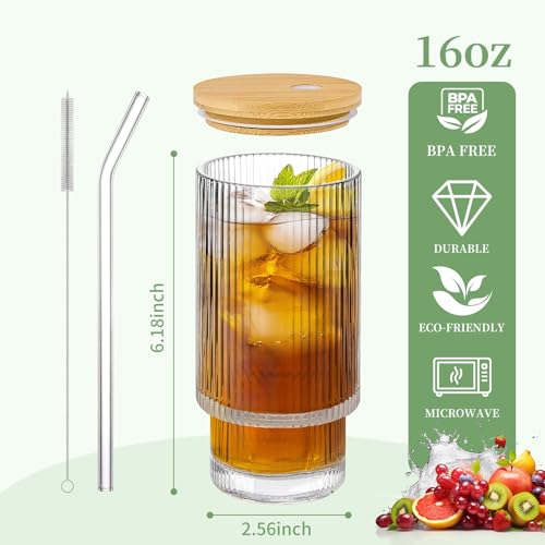 Salpae 2 Pack Glass Cups with Lids and Straws, 16oz Ribbed Drinking Glasses Tumblers Durable Drinkware Water Glasses Cup I...