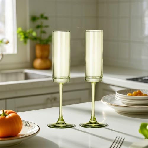 6 Pieces Green Champagne Flutes 6 OZ Straight Sided Wine Glasses Champagne Long Stem Drinking Colored Glasses,Set of 6 Han...
