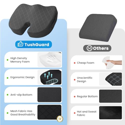 TushGuard Seat Cushion - Memory Foam Cushion for Office Chair, Car Seat, Airplane, Bleacher - Sciatica & Hip & Coccyx Pain...