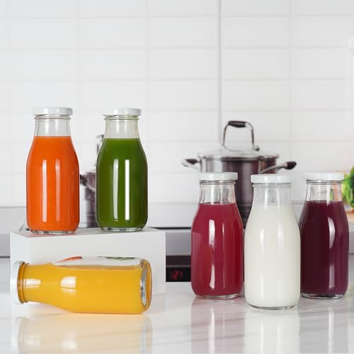 YEBODA 11oz Glass Milk Bottles with Reusable Metal Twist Lids and Straws for Beverage Glassware and Drinkware Parties, Wed...