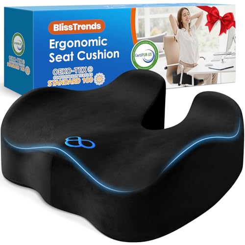 BlissTrends Seat Cushion,Thick Memory Foam Cushions for Office Chair, Car Seat, Airplane, Relieving Pressure Tailbone Scia...