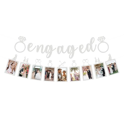 Pre-Strung Engaged Photo Banner - Silver Glitter Engagement Party Decoration Supplies with Romantic Memories Picture Card ...