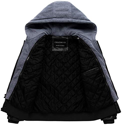 CREATMO US Men's Faux Leather Jacket Motorcycle Jacket Waterproof Windproof PU Moto Vintage Bomber Hoodie with Removable Hood