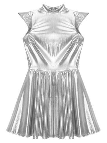 Alvivi Women Shiny Metallic Dress Holographic High Waisted Flare Skater Dress Carnival Party Outfit