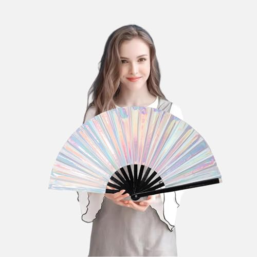 EORROE Large Rave Folding Hand Fan for Men/Women,Holographic Rave Fan for Women Club Dance Party,Festivals,Halloween, EDM,...
