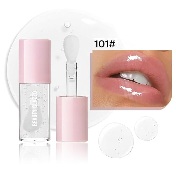 Beauty Glazed Big Brush Head Lip Oil, Ultra-Hydrating & Nourishing, Smooth Glossy Finish Lip Glow Oil, Shiny and Vegan Tinted Lip Gloss, Non-Sticky Formula (2, Clear & Pink)