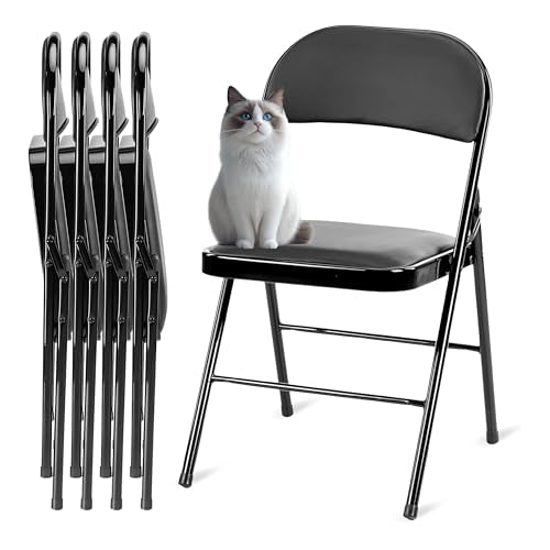 Simple Deluxe 4 Pack Folding Chairs with Padded Leather Cushion Seats & Durable Metal Frame, Comfortable, Foldable, Portab...