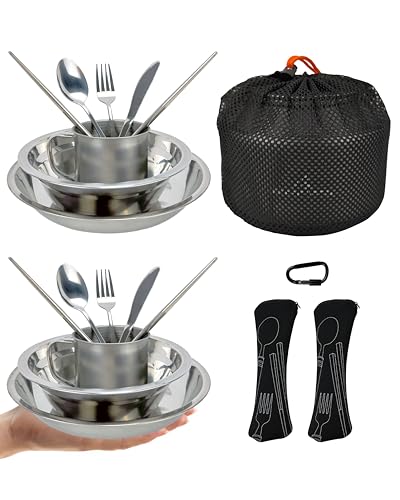 Stainless Steel Camping Mess Kit - Person's Complete Picnic & Camp Dish Set, Includes Plate, Bowl, Cup & Utensils