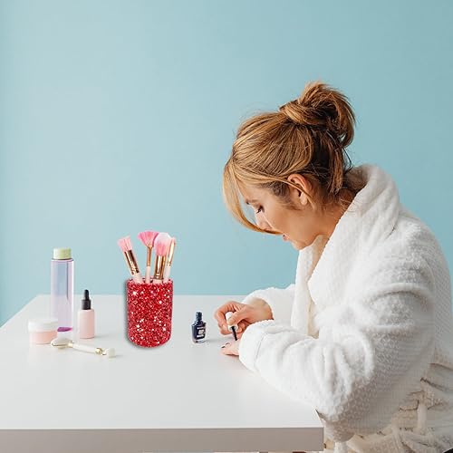 BIKCZEWIN Red Glitter Pen Holder for Desk, Cute Bling Office Accessories for Women Girls, Luxury Makeup Brush Holder Organ...