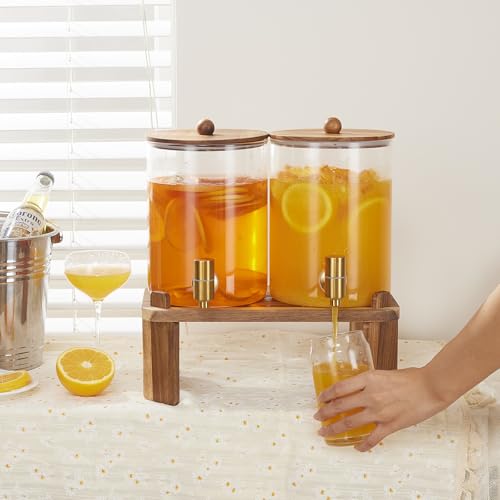 2 PCS 1 Gallon Drink dispenser, Glass Beverage Dispenser With Wood Stand, Large Water Drink Dispensers for Parties With St...