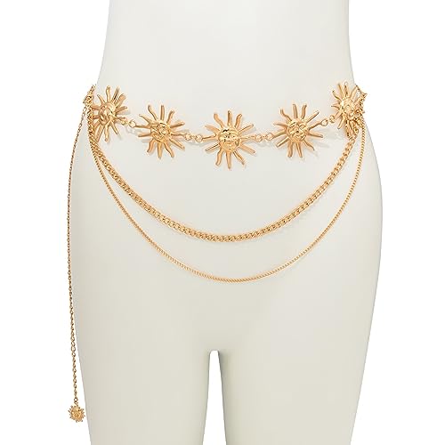 Women Multi-layere Tassel Sun Pendant Waist Belt Bikini Hollow Out Waist Chains Jewelry Metal Long Belly Chain Belt Rave P...