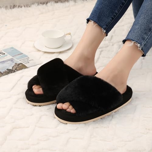 Comwarm Women's Cross Band Fuzzy Slippers Fluffy Open Toe House Slippers Cozy Plush Bedroom Shoes Indoor Outdoor