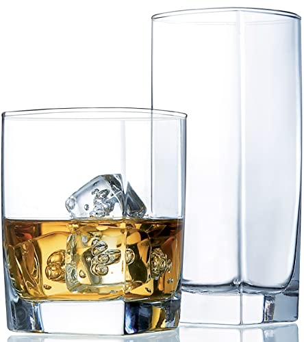 Collins Everyday Drinking Glasses Set of 16 Drinkware Kitchen Glasses for Cocktail, Iced Coffee, Beer, Ice Tea, Wine, Whis...