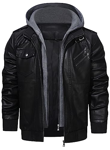 HOOD CREW Men’s Casual Stand Collar PU Faux Leather Zip-Up Motorcycle Bomber Jacket With a Removable Hood