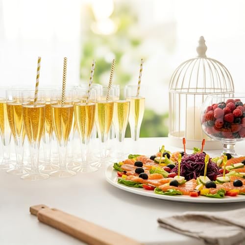 Remerry 200 Pcs Plastic Champagne Flutes 4.5 oz Clear Disposable Champagne Toasting Glass with Gold Paper Straws, Mimosa C...