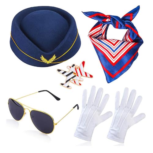 FOUTOUKEEP Flight Costume Set Beret Scarf White Gloves Sunglasses Airplane Pin Role Play Party Halloween Cosplay