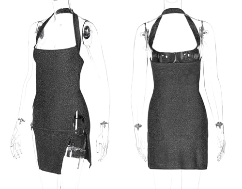 Women's Sexy Glitter Summer Halter Bodycon Dress Lace Criss Cross Spaghetti Mini Dress Backless Cowl Neck Party Dresses
