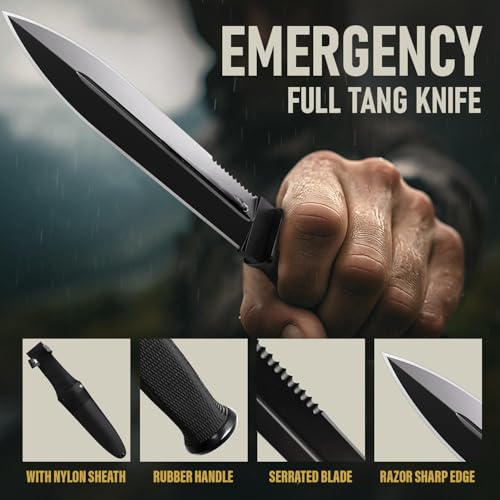 Tactical Survival Knife with Sheath – 6.5" Fixed Full Tang Blade, Serrated Edge – Hunting Knife with Non-Slip Rubber Handl...
