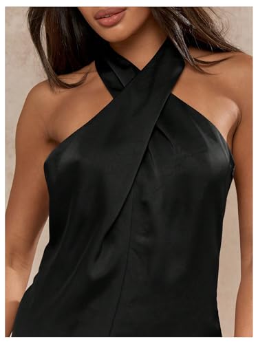 SOLY HUX Women's Satin Halter Dress Tie Backless Criss Cross Mini Cocktail Party Dresses