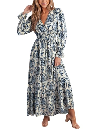 CUPSHE Maxi Dresses for Women V Neck Ruffled Long Sleeve Paisley Smocked Waist A Line Casual Flowy Fall Wedding Guest Dress