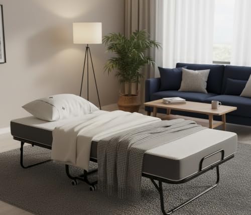 Omelaza Foldable Bed with 5" Memory Foam Mattress, 75 x 31 Inch Portable Guest Bed - Steel Frame, Wheels for Adults, Campi...