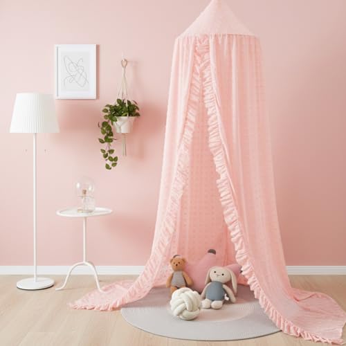 Mengesi Bed Canopy with Pom Pom- Lace Chiffon Canopy Bed Curtains, Ruffles Princess Reading Nook Play Tent for Girls Room...