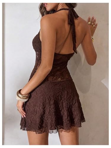 Verdusa Women's Y2k Vintage Western Lace Sheer Dress Backless Sleeveless Halter Dresses Festival Outfits