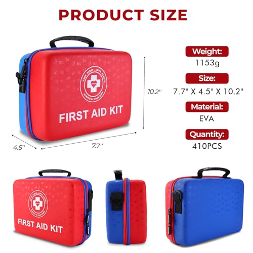 Large First Aid Kit - 410 Piece Dual-Color Emergency Kit with Hard Shell & Fluorescent Interior Coating, Professional Surv...