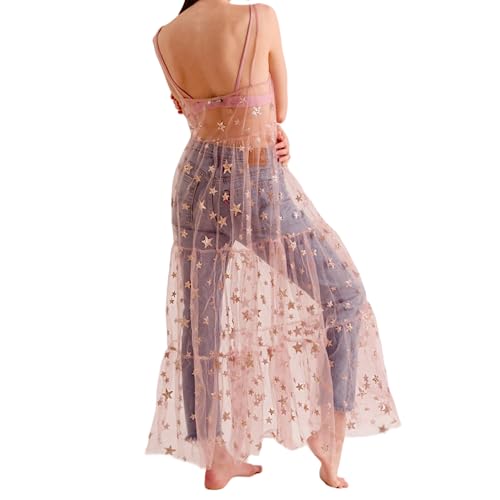 Women's See Through Tulle Maxi Dress Shiny Sequined Stars Spaghetti Strap Cover Up Dresses Festival Outfit