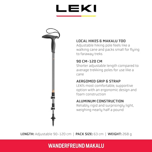LEKI Wanderfreund Makalu Aluminum Adjustable Lightweight Walking Pole (Single) for Trekking & Hiking - Black-Anthracite-Co...